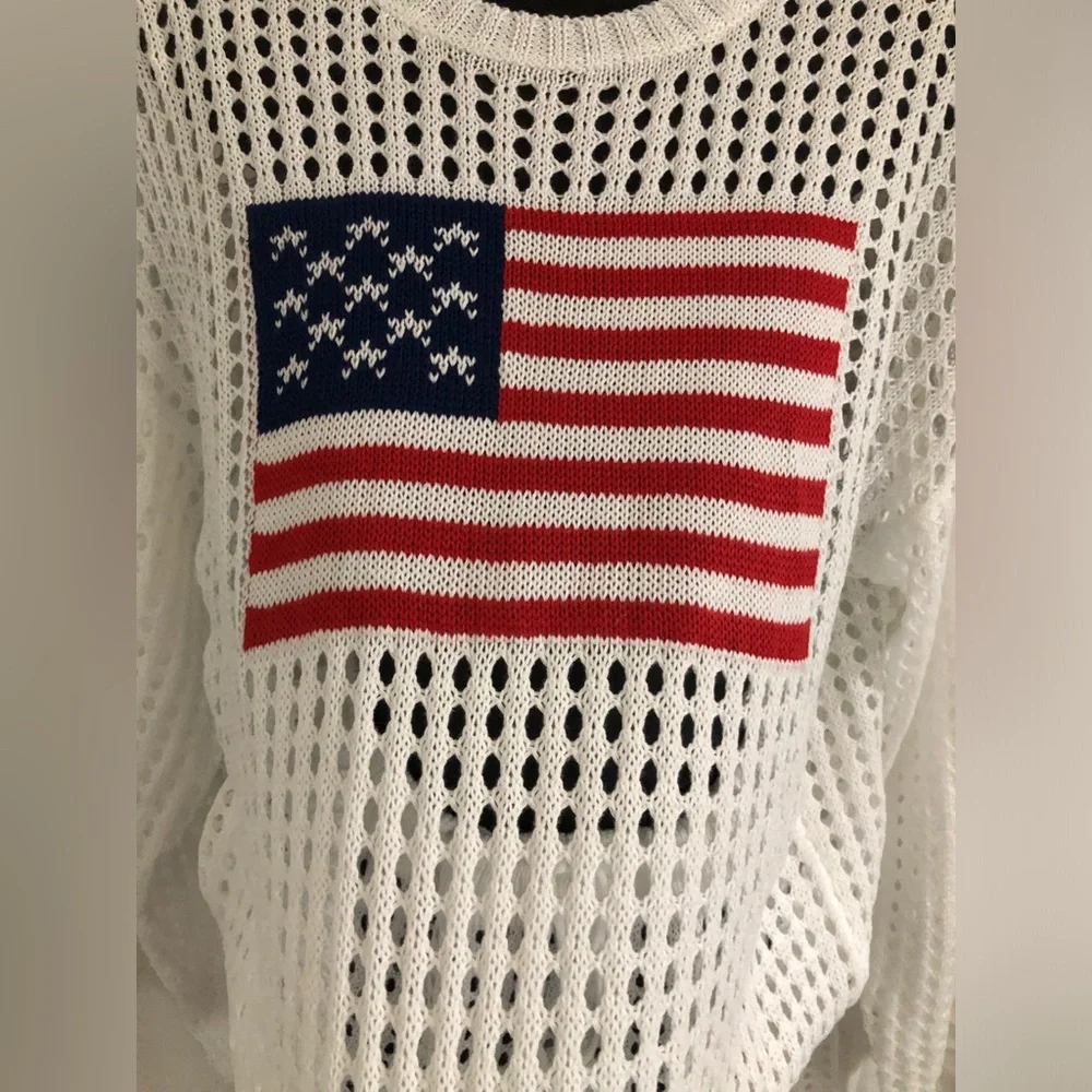 White 2pc American flag crochet mesh sweater & shorts coverup set size large new